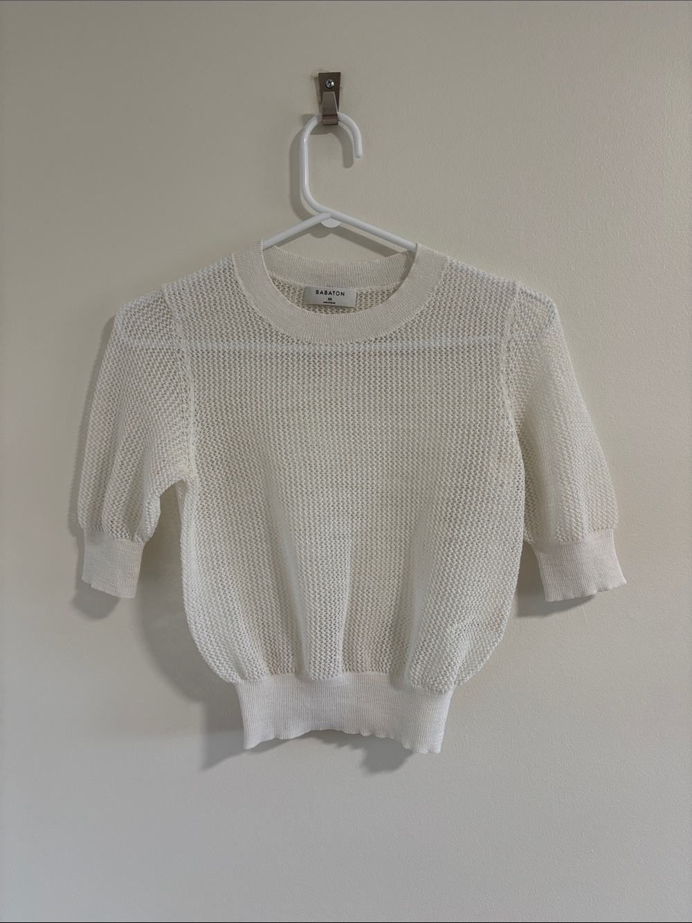 Babaton Ivory Open-Weave Puff Sleeve Knit Top Size XS
